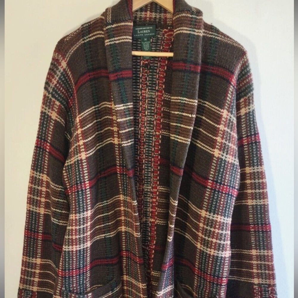 Vintage Ralph Lauren Hand Knit Lambswool Wrap Cardigan Tartan Plaid Size Large